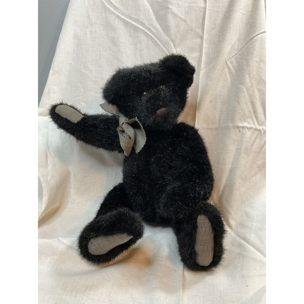 Vintage Style Articulated Black Plush Teddy Bear Plaid Accents 16 Inch